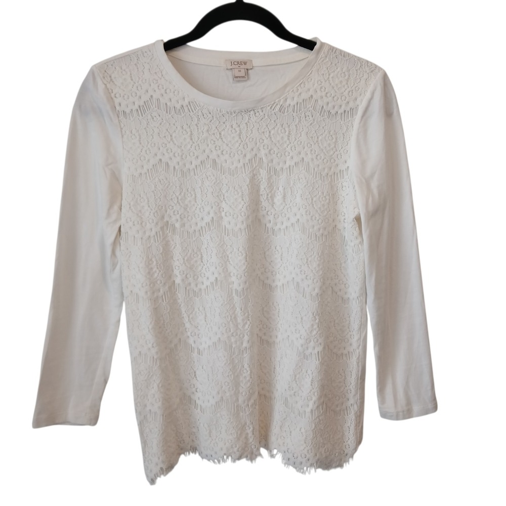 J Crew Womens T-Shirt Ivory  Lace Floral Long Sleeve Round Neck Stretch Size XS